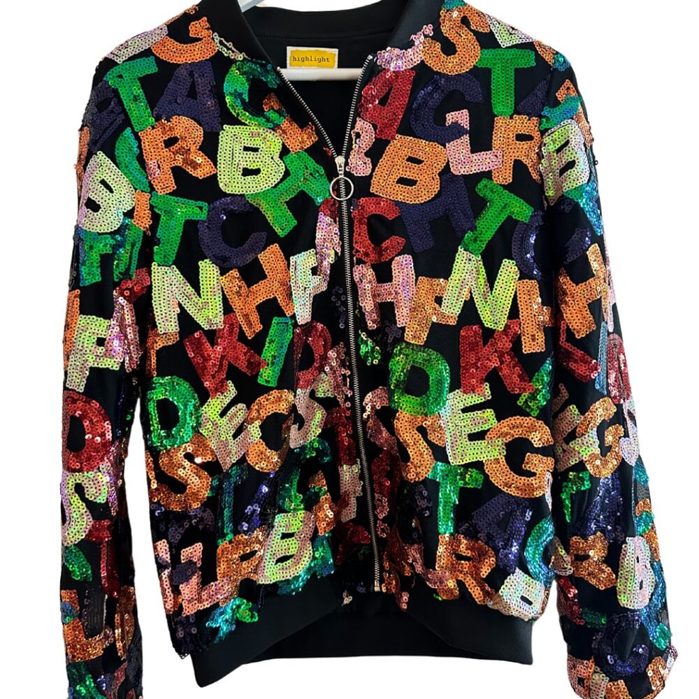 Black Bomber Jacket with Sequin Lettering – Size S, Bling & Chic
